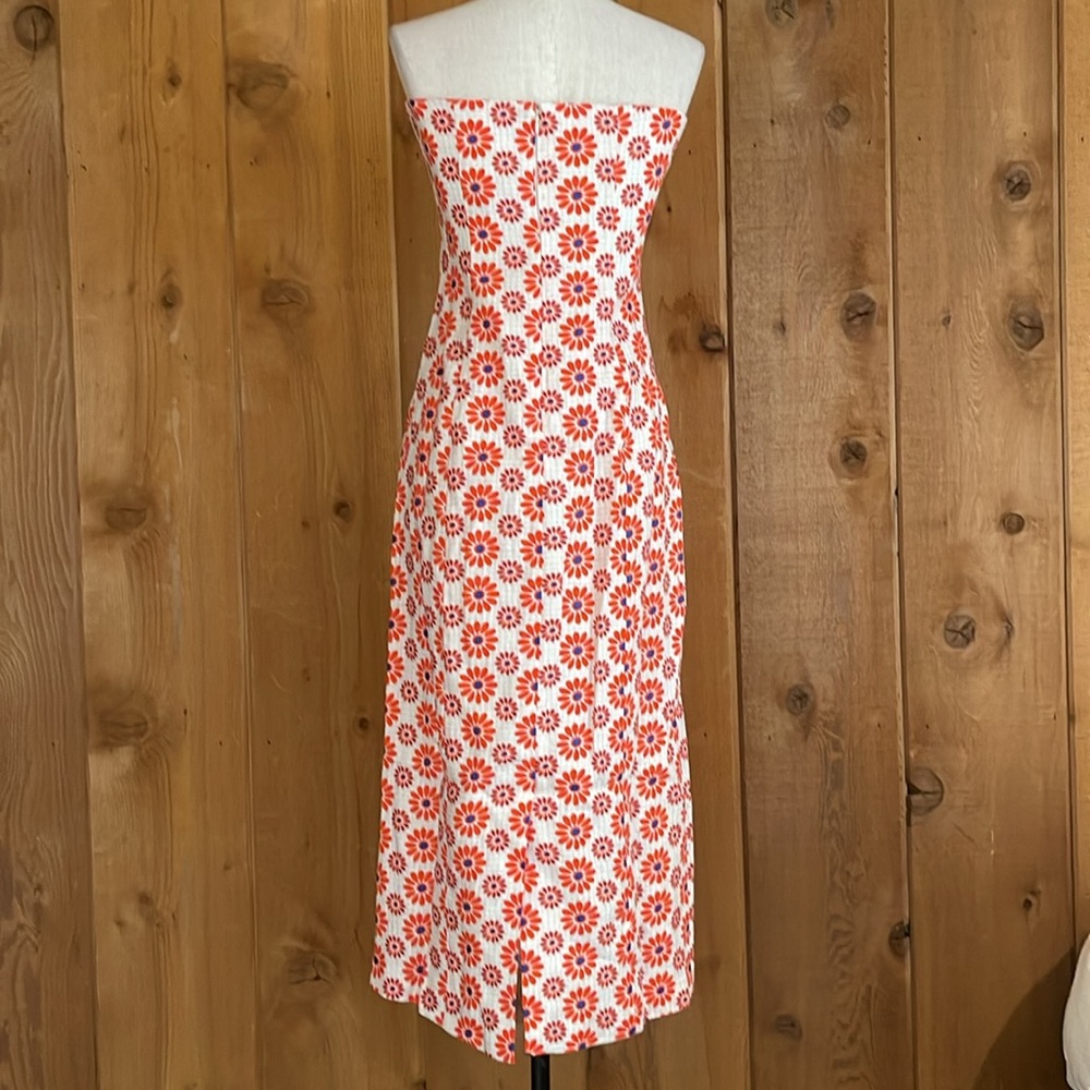 RHODE Strapless Midi Dress in White and Orange Floral Print - Picture 3 of 7